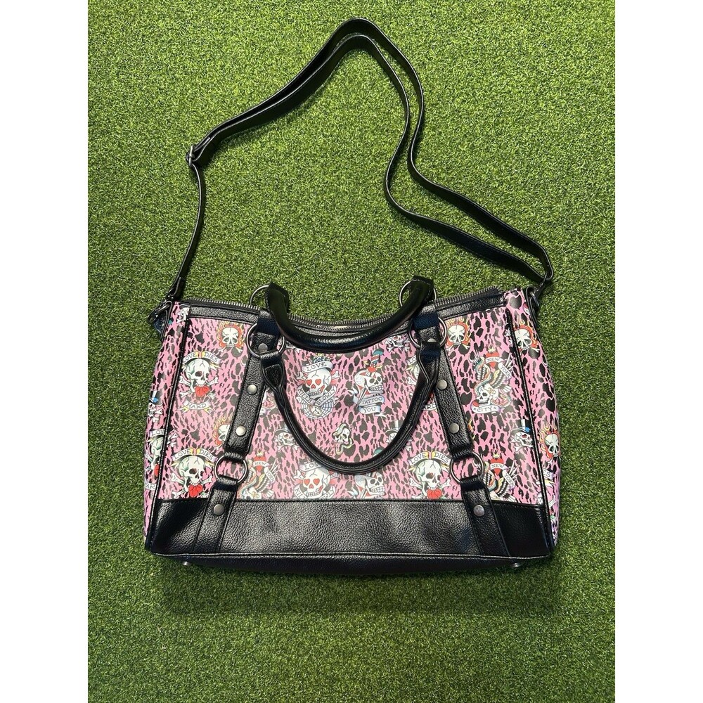 Ed Hardy Pink Leopard Tattoo Skull Rhinestone Satchel Y2K Crossbody Bag EUC!! - Picture 2 of 12